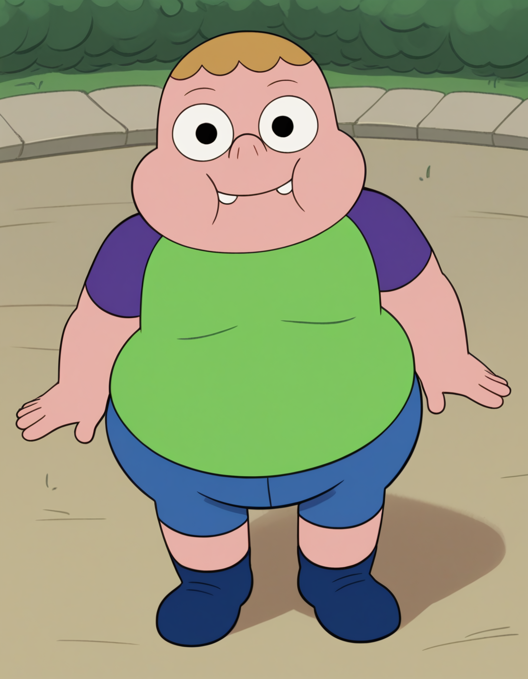 score_9, score_8_up, score_7_up, best quality, source_toon, Clarence, 1boy, male focus, no front teeth, tooth gap, closed mouth, chubby cheeks, human, plump, fat, young, wide hips, green shirt, purple sleeves, blue shorts, blue shoes, happy, outdoors, smiling, looking at viewer