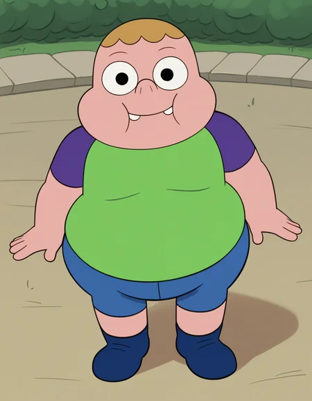 score_9, score_8_up, score_7_up, best quality, source_toon, Clarence, 1boy, male focus, no front teeth, tooth gap, closed mouth, chubby cheeks, human, plump, fat, young, wide hips, green shirt, purple sleeves, blue shorts, blue shoes, happy, outdoors, smiling, looking at viewer