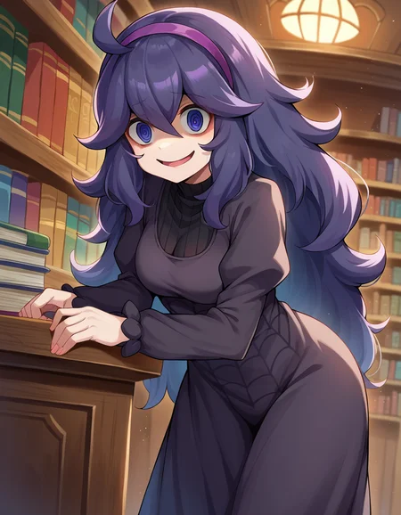 score_9, score_8_up, score_7_up, source_anime,
hexmaniac, <lora:hex-maniac-ponyxl-lora-nochekaiser:1>
hex maniac, hairband, messy hair, purple eyes, purple hair, purple hairband, @ @,
black dress, dress, long dress, long sleeves, juliet sleeves,
indoors, library, bent over,
looking at viewer, cowboy shot, dutch angle,