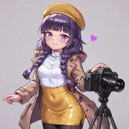 lazypos, girl focus, 1girl, pantyhose, purple eyes, skirt, blush, braid, covered navel, long hair, smile, yellow skirt, breasts, twin braids, hat, video camera, coat, looking at viewer, purple hair, small breasts, heart, black hair, simple background, shirt, pencil skirt, blunt bangs, black pantyhose, camera, grey background, freeze-ex, twgristyle
