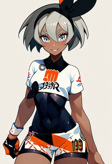 score_9, score_8_up, score_8, medium breasts, (curvy), cute, eyelashes, zPDXL2, Expressiveh,
zzbea, grey eyes, grey hair, shirt hair, hair between eyes, black hairband, dark-skinned female, crop top, print shirt, bodysuit, shorts, single glove,
smiling, blush, looking at viewer, cowboy shot,