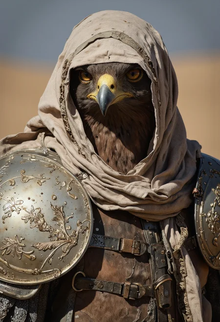 ZooPolis art. A photo-realistic shoot from a close-up camera angle about a bird-like figure dressed in ornate armor and a headscarf, with an eagle's face partially obscured by the fabric. the image also shows a bird of prey, a peregrine falcon, in the middle of the image. the bird, who appears to be a male, is facing the viewer, looking directly at the camera with its large brown eyes and sharp beak, and its feathers are a mix of brown and black, blending in with the neutral tones of the background. the eagle is wearing a beige cloth covering its head and shoulders, with intricate, ornate, dark-colored armor details visible on its shoulders and chest. the background is blurred and out of focus, with a desert-like atmosphere, giving the image a sense of depth and focus on the bird's face and upper body.