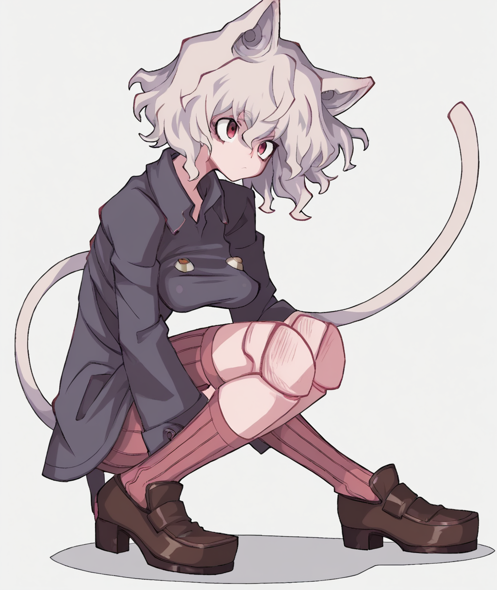 score_9, score_8_up. score_7_up,<lora:michael_jadeite:1>,michael_jadeite,
 neferpitou , score_9, michael_jadeite, animal ears, cat tail, red eyes, 1other, squatting, breasts, simple background, long sleeves, socks, other focus, closed mouth, brown footwear, short hair, shorts, 1girl, grey hair, white background, shoes, joints, shirt, hair between eyes, full body