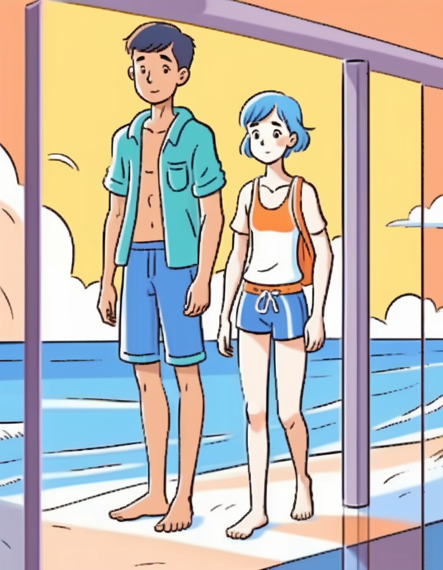 cartoon-style ,in  screen ,teen on the beach , Swimming pants,<lora:tw_hgame:0.8>, girl,boy