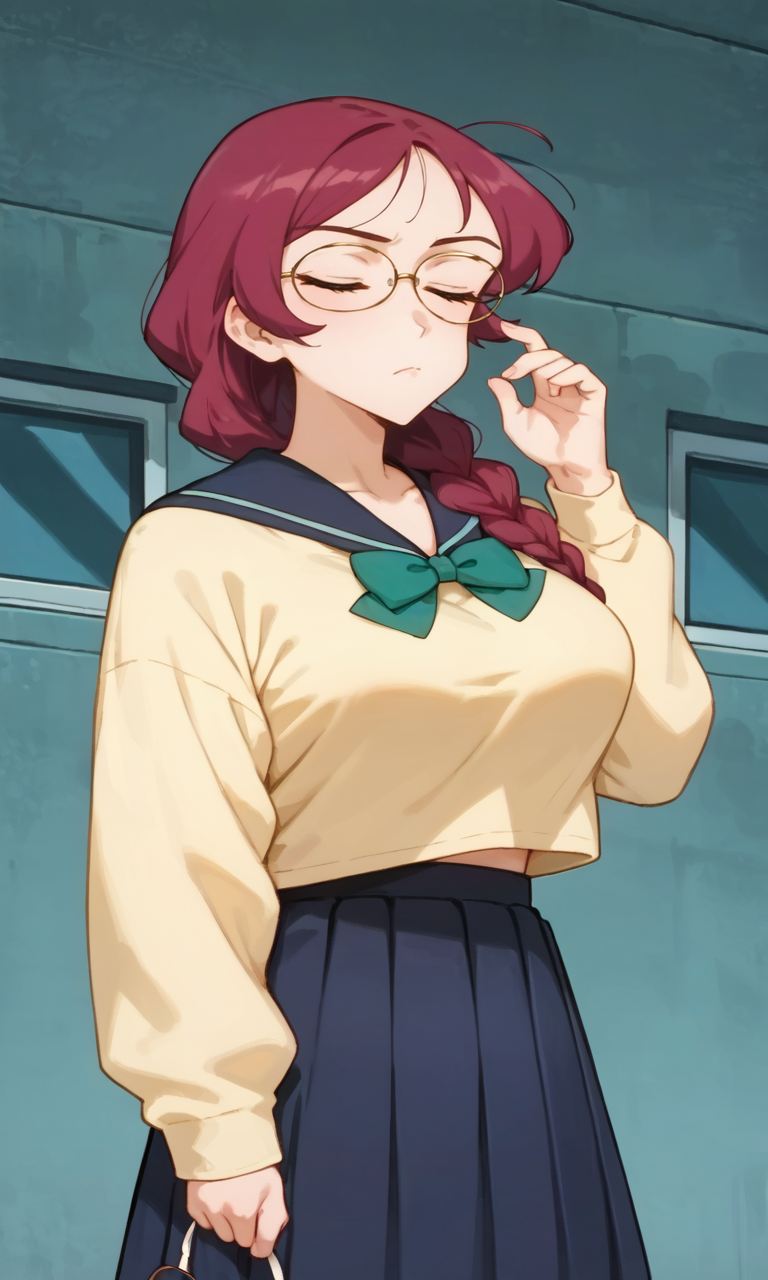 (1girl:1.5), (solo:1.3), (score_9, score_8_up, score_7_up, score_6_up, score_5_up, score_4_up), (source_anime), rating_questionable, (portrait:1.5), school, indoors, closed mouth, frown, 
 (yellow sweater, oversized clothes, long sleeves, blue sailor collar, green bowtie, blue skirt, pleated skirt, miniskirt, white socks, black footwear), (large breasts), <lora:kannazuki-sheila-school_v1:0.9> (kannazuki-sheila), (black eyes, eyelashes, magenta hair, long hair, single braids, parted bangs), (bob bangs, flipped hair, parody hair:1.4), (large breasts), (unworn glasses:1.5), closed eyes, hand up,