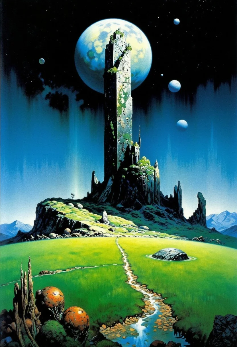 Frank Frazetta sci-fi oil  painting of a panorama view, prehistoric megalithic structure in a vibrant green field, it is midnight and illuminated by a moon that has shattered several small chunks of moon orbit the remaining moon, several other moons and alien planets fill the star filled sky, a classic gothic baroque fantasy art painting with vibrant colors, digital artwork, illustrative, painterly, matte painting, highly detailed, atmospheric haze, panoramic zoomed out view, highly dramatic lighting