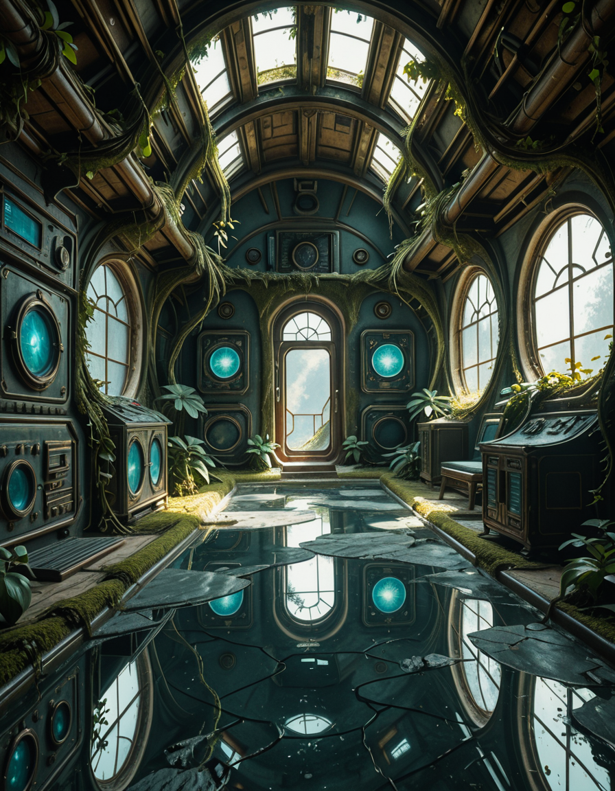 The interior of an ancient abandoned spaceship, overtaken by lush vegetation. The walls and ceiling are covered in thick, twisting vines and moss. Strange alien plants glow faintly in shades of blue and green, casting an eerie, mystical light across the metallic surfaces. Rusted control panels and shattered glass windows hint at a long-forgotten past. The floor is cracked and partially flooded with still, reflective water. Patches of bioluminescent fungi cling to the corners, adding a surreal atmosphere. The air feels heavy with moisture, and beams of soft, diffused light filter through holes in the hull, creating dramatic shafts of light and shadow. The overall style is hyper-realistic, rich in textures, with a cinematic and slightly melancholic mood.<lora:SDXLFaeTastic2400:0.4> <lora:extremely_detailed:0.4> extremely detailed,ancient abandoned sp4c3sh1p, <lora:ancient_abandoned_sp4c3sh1p-i:1>, Masterpiece,best quality,hi res,8k,hi res,8k,award winning,(sharp focus, intricate, highly detailed),
