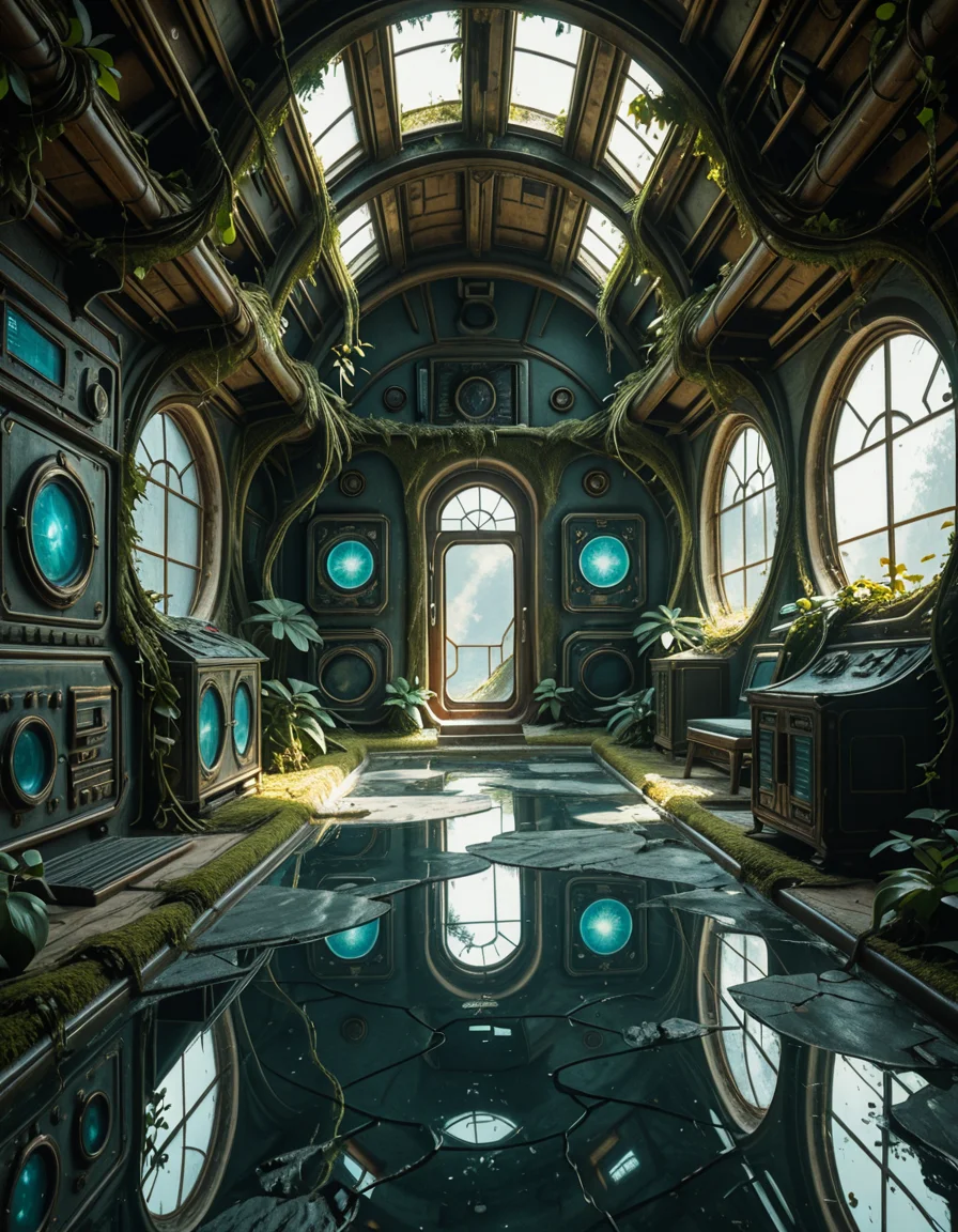 The interior of an ancient abandoned spaceship, overtaken by lush vegetation. The walls and ceiling are covered in thick, twisting vines and moss. Strange alien plants glow faintly in shades of blue and green, casting an eerie, mystical light across the metallic surfaces. Rusted control panels and shattered glass windows hint at a long-forgotten past. The floor is cracked and partially flooded with still, reflective water. Patches of bioluminescent fungi cling to the corners, adding a surreal atmosphere. The air feels heavy with moisture, and beams of soft, diffused light filter through holes in the hull, creating dramatic shafts of light and shadow. The overall style is hyper-realistic, rich in textures, with a cinematic and slightly melancholic mood.<lora:SDXLFaeTastic2400:0.4> <lora:extremely_detailed:0.4> extremely detailed,ancient abandoned sp4c3sh1p, <lora:ancient_abandoned_sp4c3sh1p-i:1>, Masterpiece,best quality,hi res,8k,hi res,8k,award winning,(sharp focus, intricate, highly detailed),