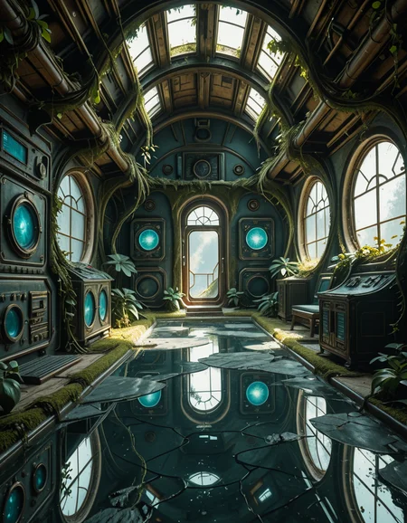 The interior of an ancient abandoned spaceship, overtaken by lush vegetation. The walls and ceiling are covered in thick, twisting vines and moss. Strange alien plants glow faintly in shades of blue and green, casting an eerie, mystical light across the metallic surfaces. Rusted control panels and shattered glass windows hint at a long-forgotten past. The floor is cracked and partially flooded with still, reflective water. Patches of bioluminescent fungi cling to the corners, adding a surreal atmosphere. The air feels heavy with moisture, and beams of soft, diffused light filter through holes in the hull, creating dramatic shafts of light and shadow. The overall style is hyper-realistic, rich in textures, with a cinematic and slightly melancholic mood.<lora:SDXLFaeTastic2400:0.4> <lora:extremely_detailed:0.4> extremely detailed,ancient abandoned sp4c3sh1p, <lora:ancient_abandoned_sp4c3sh1p-i:1>, Masterpiece,best quality,hi res,8k,hi res,8k,award winning,(sharp focus, intricate, highly detailed),