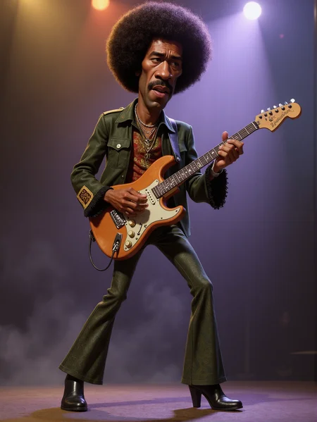 Animated caricature of Jimi Hendrix: full-body view of Hendrix in a dynamic pose, standing with legs apart and leaning slightly back as he shreds an electric guitar. His facial features are exaggeratedâtall, angular cheekbones, narrow chin, and full lips slightly parted in concentration. His large eyes are half-closed under heavy lids, and his iconic afro is voluminous and unkempt, forming a dark halo around his head. He wears a colorful psychedelic shirt with frilled sleeves, a military-style jacket with gold trim, flared pants with a swirling pattern, and heeled boots. A patterned bandana is tied around his forehead, and a guitar strap crosses his chest. Bright stage lights shine from behind, casting vivid purples and oranges across the smoky background. <lora:3d_caricature_Strong:1>