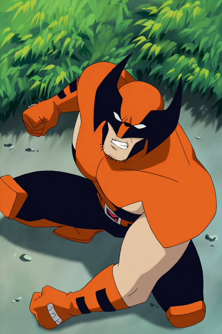 masterpiece, best quality, highres, newest, wolvevo, 1boy, solo, male focus, mature male, facial hair, stubble, bodysuit, orange bodysuit, black bodysuit, two-tone bodysuit, short sleeves, orange gloves, mask, covered eyes, white eyes, no pupils, belt, muscular, clenched hands, looking at viewer, squatting, full body, outdoors, nature, bush <lora:Wolverine (Logan) X-Men Evolution (First Suit+Unmasked) v1.1 [LoRA] - NoobAI-XL EPS 1.0:0.8>
