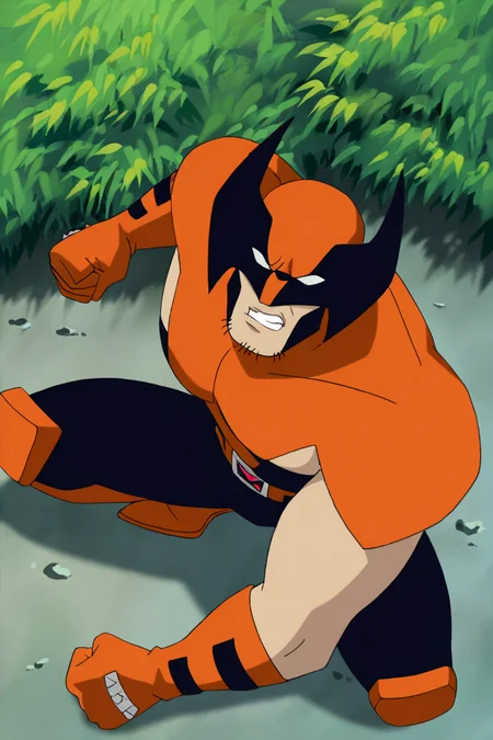 masterpiece, best quality, highres, newest, wolvevo, 1boy, solo, male focus, mature male, facial hair, stubble, bodysuit, orange bodysuit, black bodysuit, two-tone bodysuit, short sleeves, orange gloves, mask, covered eyes, white eyes, no pupils, belt, muscular, clenched hands, looking at viewer, squatting, full body, outdoors, nature, bush <lora:Wolverine (Logan) X-Men Evolution (First Suit+Unmasked) v1.1 [LoRA] - NoobAI-XL EPS 1.0:0.8>