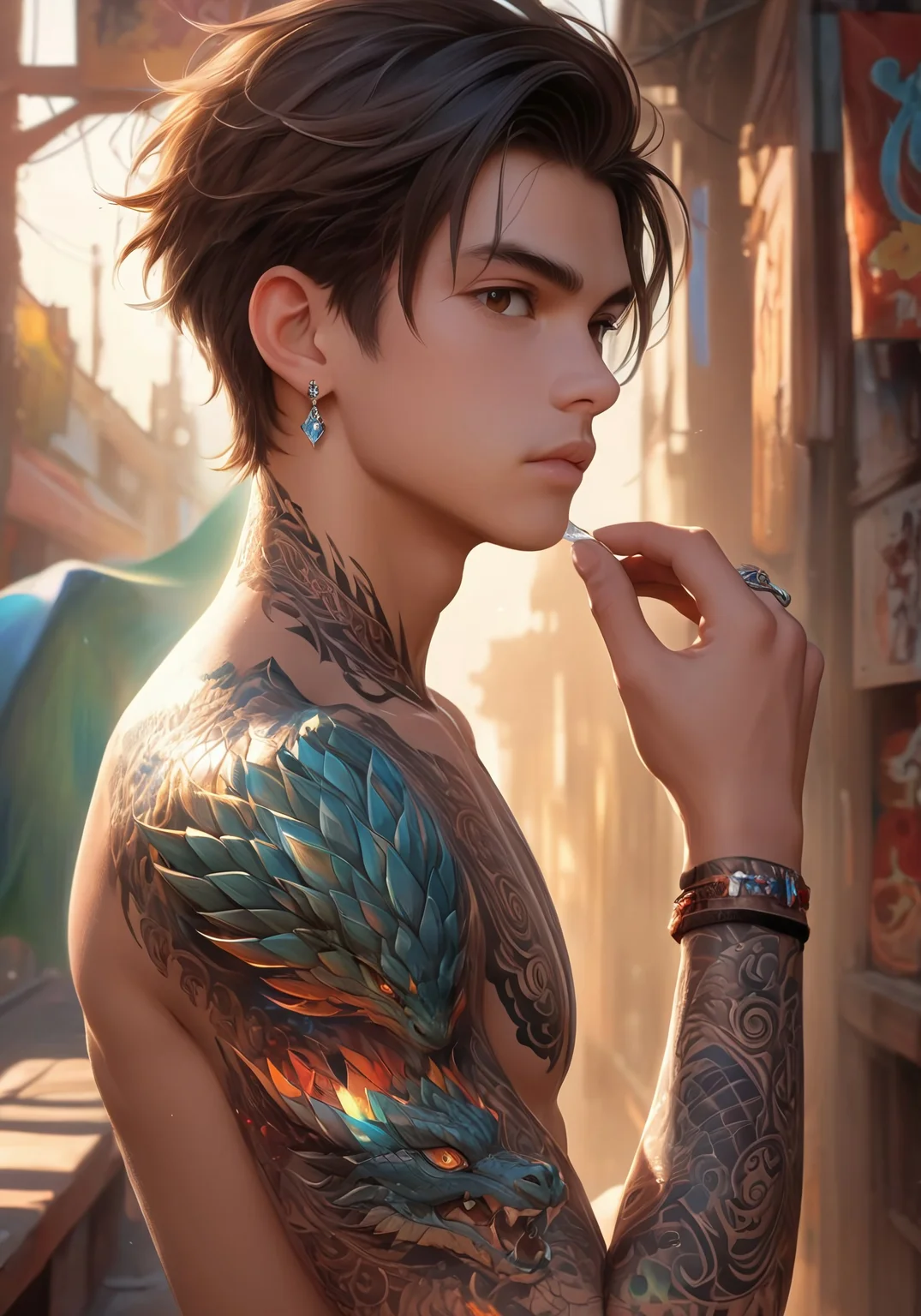 A high-quality, (masterpiece, best quality, absurdres, highres), amazing quality, very aesthetic, (volumetric lighting), digital art style, drawn aesthetic, concept painting, ultrahigh definition, young man, teenager, with dragon tattoo on his arm. ,(((cs-cr1stal-v2)))