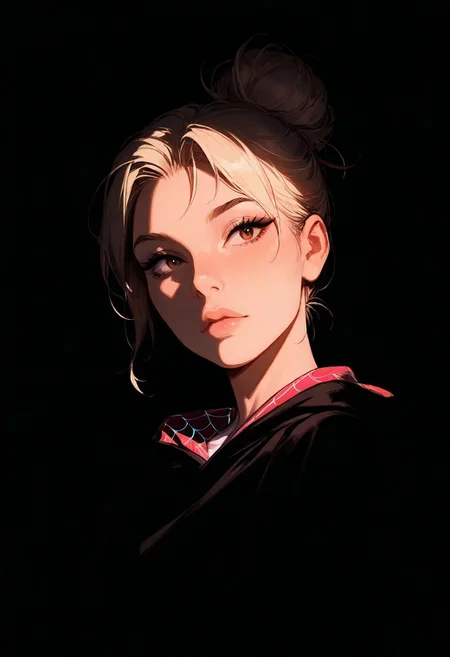 1girl, Spider Gwen,  solo, dark,  masterpiece, best quality, very aesthetic,  close up,  hair bun