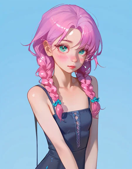score_9,score_8_up,score_7_up, 1girl, flat chest, tiny tits, 24yo, fair skin, lilac hair, twin braids, swept bangs, turquoise eyes, black long eyelashes, blush, skinny, slender waist, medium rounded breasts. gogo dress, high quality, embedding:zPDXL3, smudgy, liu2, kyuyongeom, embedding:safe_pos