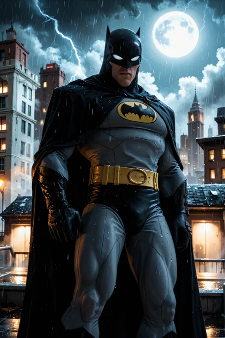 score_9, score_8_up, score_7_up, BREAK, rating_safe, The_Batman, 1boy, solo, male focus, bat ears, white eyes, no pupils, (grey bodysuit:1.1), black cape, (black gloves:1.1), yellow belt, superhero, thin, gotham, (night:1.1), dark, (roof edge:1.1), view on city, fog, rain, wet, moon, lightning, Low-Key Lighting, view from below, five fingers,