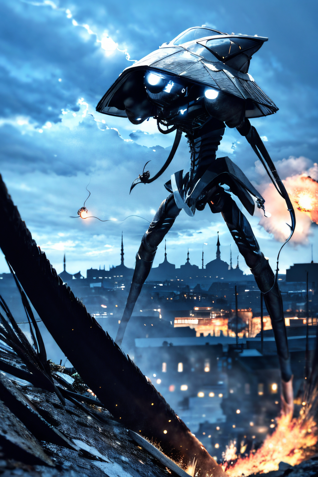 (view from front), explosions in the background, night sky, (Realisitc:1.5), giant alien EdobTWOTWTripod creature with claws in the city, <lora:EdobTheWarOfTheWorldsTripod_v1.0:1>