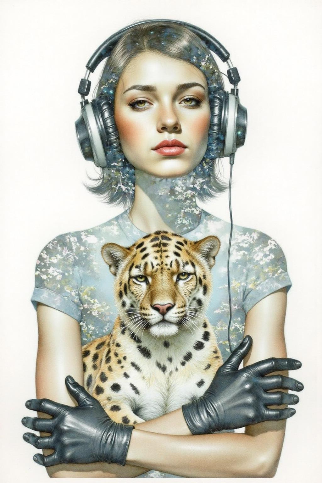 Portrait painting. A stylish young woman, wearing oversized headphones, lounges owith an air of cool detachment. She dons sleek black gloves, embodying the effortless glamour of the era. Her face and body blends seamlessly with a panther in a rain forest. The background is stark white. <lora:doubleexpopainting1_cap_d6a3e13:1.0><lora:850318234342184135:0>