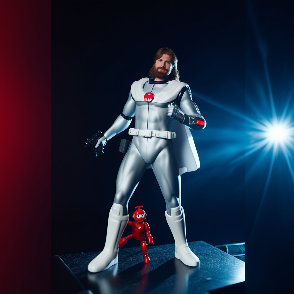 a full body man with long hair and a beard in a silver space suit with a cape, a pistol, a red robot, in a spaceship <lora:Ulysse31-1024_r1:0.8>