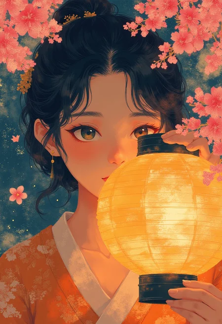 fg ,
A chinese lantern , A beautiful japanese face hiding behing the lanten , no light from lantern , glowing face, showcasing the brightness stolen away from the lamp making the lamp dim and face brighter , yellow and pink, summer gel , textured patterns, night sky, dreamy glow, graceful pose,, dreamlike, whimsical atmosphere.