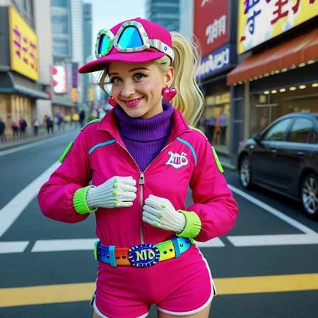 score_9, score_8_up, score_7_up BREAK AniPitstop, 1girl, blonde hair, ponytail, pink eyes, pink lipstick, green blush, pink baseball cap, white goggles on head, heart earrings, rainbow belt, green-jeweled cat silver buckle, long-sleeved pink jacket, purple sweater, white gloves, pink shorts, solo, solo focus, female, female focus, cowboy shot, closeup, smiling at viewer, futuristic tokyo background, tokyo neon outdoors, 3d, source_3d, photorealistic,