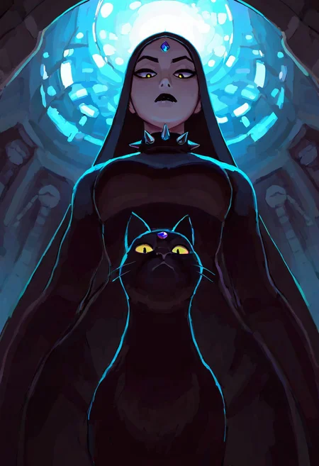 masterpiece, best quality, absurdres, highres, animal, solo, cat, forehead jewel, expressionless, dramatic lighting, frown, facing viewer, looking at viewer, detailed background, spikes, spiked collar, black lips, from below, looking down,
<lora:gumdrops_ill:1>