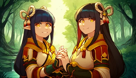 zPDXL,anime artwork score_9,score_8_up,score_7_up,2d,<lora:Iriedono_Style_PonyXL:1>,by iriedono,iriedono,<lora:Huffslove_Style_PonyXL:1>,by huffslove,huffslove,<lora:anime-detailer-xl:1.5>,<lora:Expressive_H-000001:1>,Expressiveh,(source_anime),raytracing,rating_questionable,rating_safe,
2girls,<lora:hinoa.pony:0.6>,hinoa,<lora:minoto.pony:0.6>,minoto,
outdoors,forest,scenery,
absurdres,
upper body,looking at viewer,cute,attractive,
eye contact,standing,holding hands,smile,outstretched hand,
. anime style,vibrant,studio anime,highly detailed,