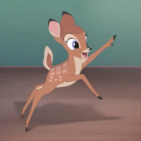 faline, fawn, dancing, balancing on front foot, feral, one foot on the ground, legs outstretched, happy, smiling, excited, open mouth, open eyes, dance floor, balancing, flirty, cute, girly, smile, indoors, wood floor, absurdres