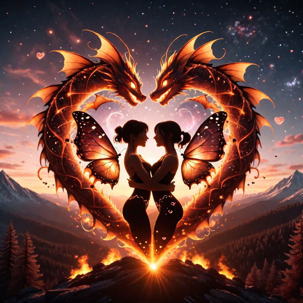 New Year Dragon, fire element butterflies, hugging, between realms in space, cosmic entities, bodies of light, cinematic 4k, heart shape in the background, smiling, sunset mountain, forest
