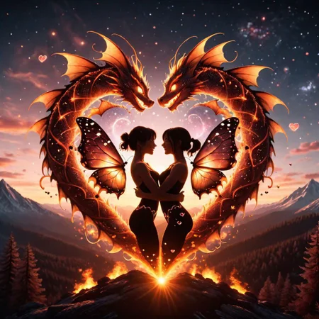 New Year Dragon, fire element butterflies, hugging, between realms in space, cosmic entities, bodies of light, cinematic 4k, heart shape in the background, smiling, sunset mountain, forest