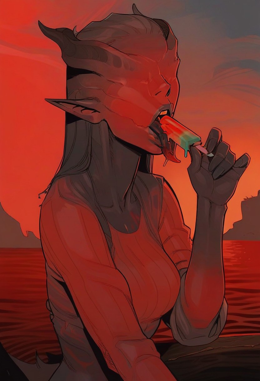 score_9, score_8_up,score_7_up, score_6_up, score_5_up, score_4_up,
BREAK, 1girl, solo, scarlet_wretch, demon girl, black skin, no eyes, pointy ears, demon horns,
(((cowboy shot))), standing, very long tongue, ribbed tongue, outdoors,((popsicle, licking popsicle, beach)),
BREAK, sitting, outdoors, red light background,
BREAK, aesthetic, wallpaper, high quality, g0thicPXL, glowing, neon,