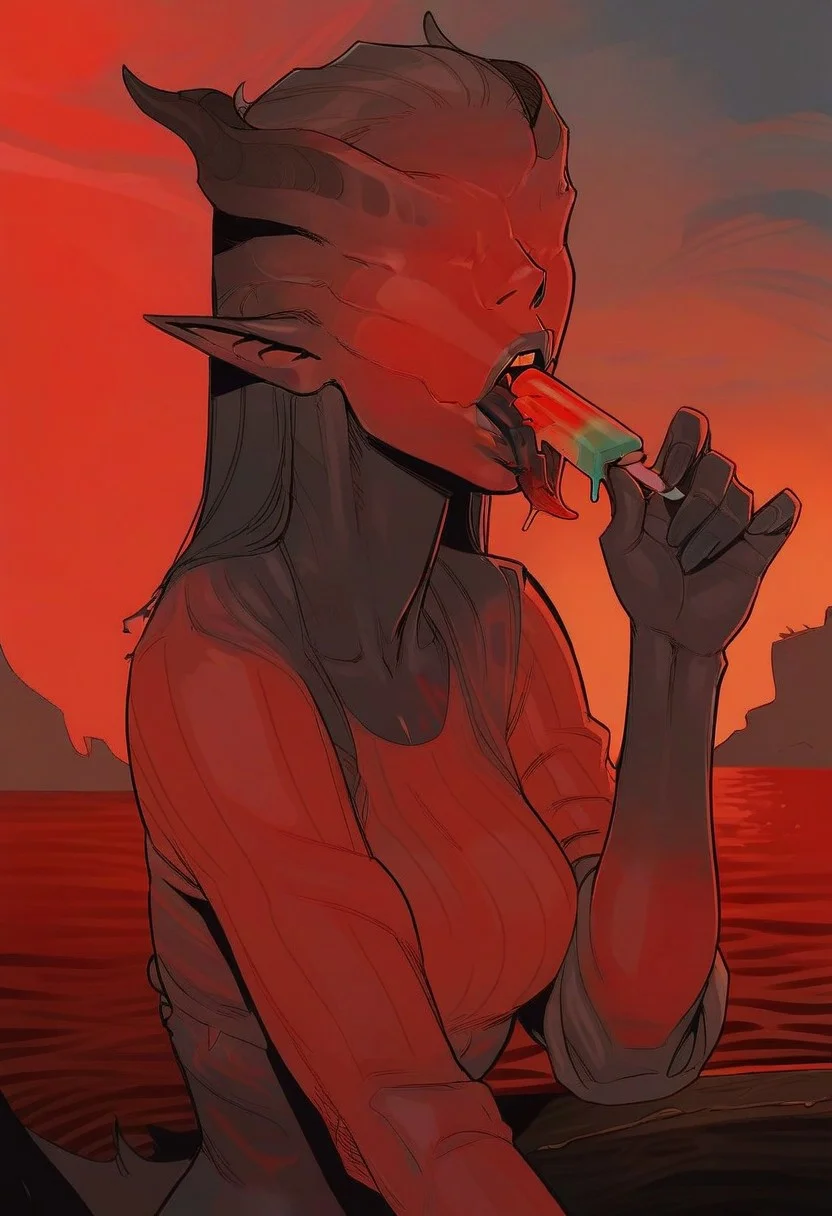 score_9, score_8_up,score_7_up, score_6_up, score_5_up, score_4_up,
BREAK, 1girl, solo, scarlet_wretch, demon girl, black skin, no eyes, pointy ears, demon horns,
(((cowboy shot))), standing, very long tongue, ribbed tongue, outdoors,((popsicle, licking popsicle, beach)),
BREAK, sitting, outdoors, red light background,
BREAK, aesthetic, wallpaper, high quality, g0thicPXL, glowing, neon,