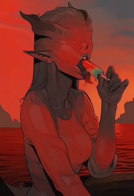 score_9, score_8_up,score_7_up, score_6_up, score_5_up, score_4_up,
BREAK, 1girl, solo, scarlet_wretch, demon girl, black skin, no eyes, pointy ears, demon horns,
(((cowboy shot))), standing, very long tongue, ribbed tongue, outdoors,((popsicle, licking popsicle, beach)),
BREAK, sitting, outdoors, red light background,
BREAK, aesthetic, wallpaper, high quality, g0thicPXL, glowing, neon,