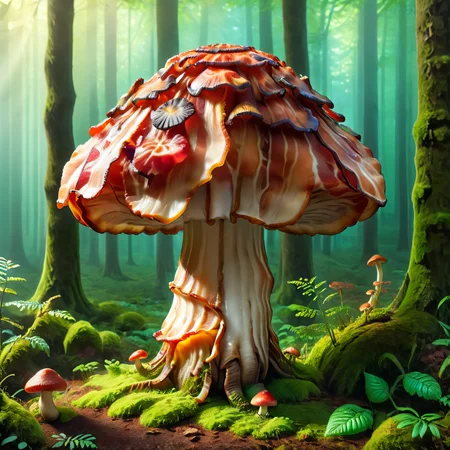 b4c0n mushroom <lora:b4c0n:1>, forest