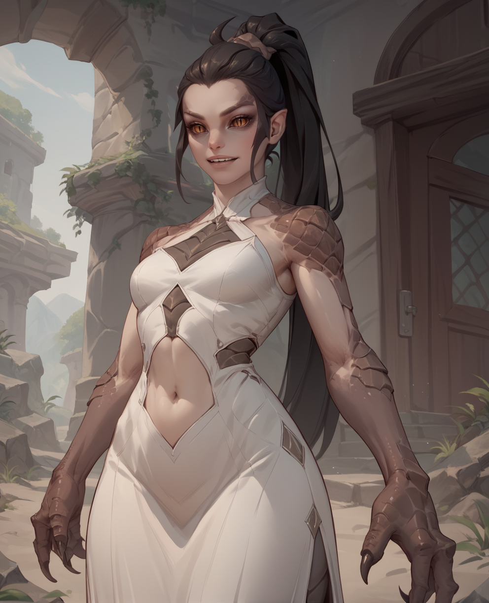 score_9,score_8_up,score_7_up,score_6_up,score_5_up,score_4_up,
FemAman,brown eyes,slit pupils,black hair,ponytail,looking at viewer,claws,
scales,navel,light smile,open mouth,dress,
outdoors,
<lora:FemAman:0.8>,