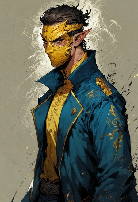 score_9, score_8_up, score_7_up, 1man, solo, 23 year old, serious, determined look, shifter, dark blue jacket with yellow lines, mask, masked, yellow shirt, yellow mask with blue side patterns, pointy ears,blood, scars, slim body, easynegative