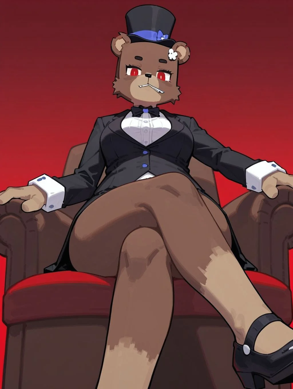 score_9_up, score_8_up, furry female, bia, (square head:1.1), square_zipper_mouth, teddy bear, solo, red eyes, tuxedo, top hat, monicle, crossed legs, from below, looking at viewer, blue and red background gradient, <lora:y-Bia_SlipperyT:0.8>