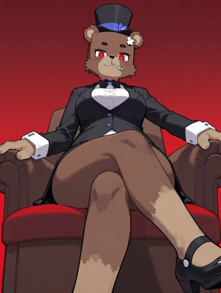 score_9_up, score_8_up, furry female, bia, (square head:1.1), square_zipper_mouth, teddy bear, solo, red eyes, tuxedo, top hat, monicle, crossed legs, from below, looking at viewer, blue and red background gradient, <lora:y-Bia_SlipperyT:0.8>
