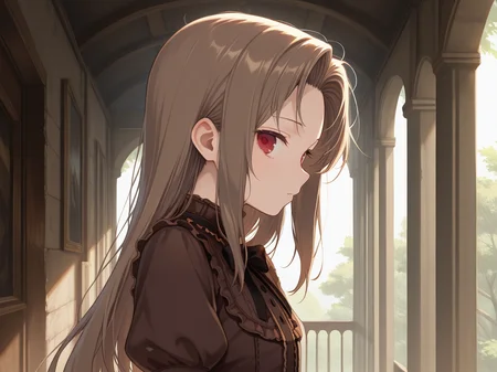 <lora:IL_Fleta:1>,1girl,solo,mb_fl,Fleta,goth_fashion,red eyes,brown clothes,goth_fashion,puffy short sleeves,bowtie,close-up of face,side glance,looking at viewer,disheveled hair,profile,, masterpiece,best quality,amazing quality,ultra detailed, very aesthetic,absurdres,skinny,general,highres, ultra-detailed, amazing quality, newest, scenery,beautiful detailed hair, beautiful detailed eyes, beautiful detailed face, dynamic lighting, super detailed skin,sharp focus, uncensored,