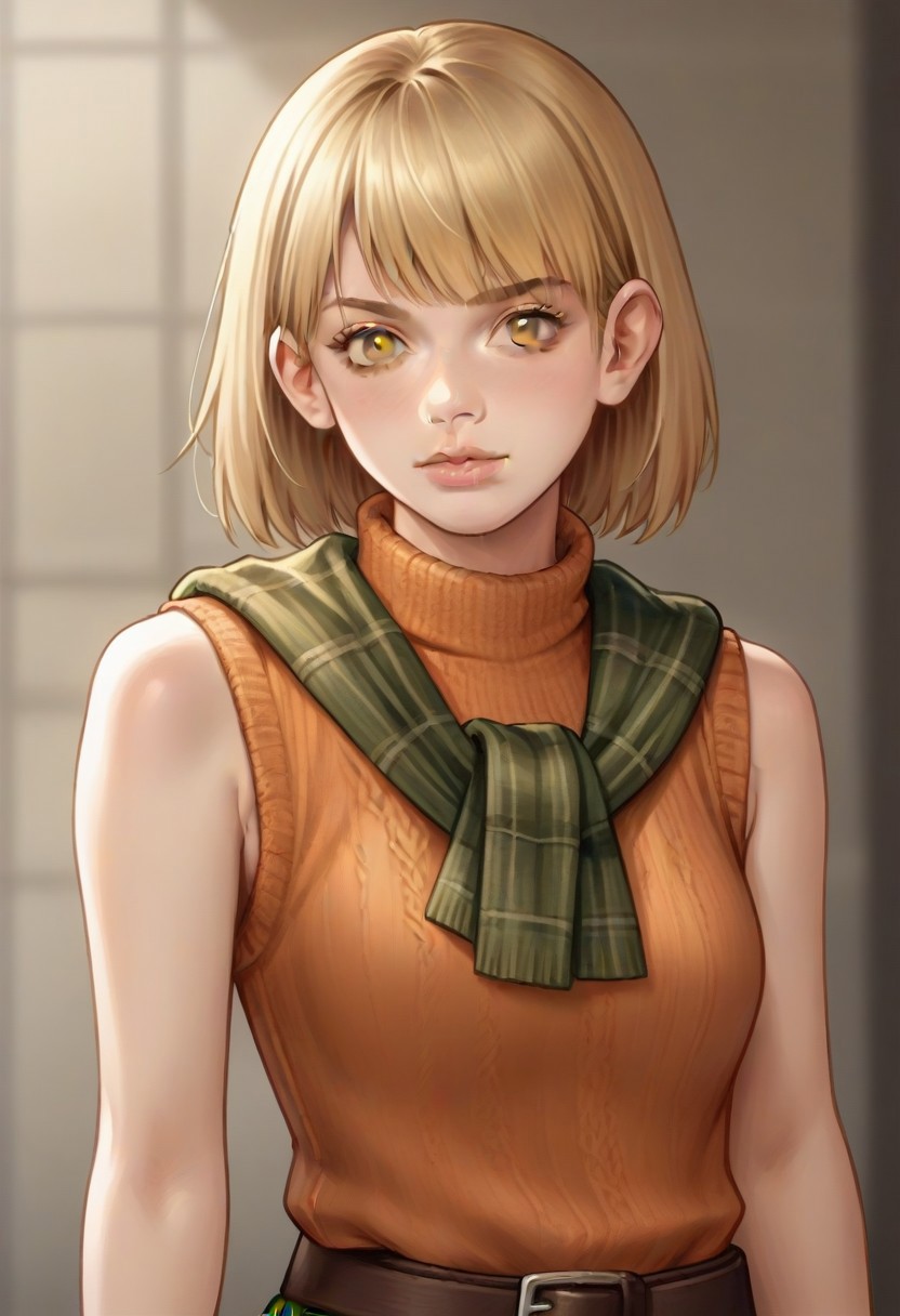 <lora:ashleygraham:0.9>, ashleygraham, photorealism, 1girl,solo,blonde hair,bob cut,bangs, golden eyes,orange turtleneck,sleeveless,brown sweater over shoulder,,green plaid skirt,brown belt, ,,,