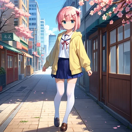 score_9, score_8_up, score_7_up, score_6_up, score_5_up, score_4_up, BREAK source_anime, look at viewer, rating_safe, 1girl, solo, city, cherry blossom, full body, standing, masterpiece, best quality, high detailed skin, chiyoda momo, blue eyes, pink hair, short hair, momo school, hair ornament, hairclip, school uniform, white sailor collar, yellow hoodie, hooded jacket, open jacket, serafuku, neck ribbon, blue skirt, pleated skirt, white thighhighs,