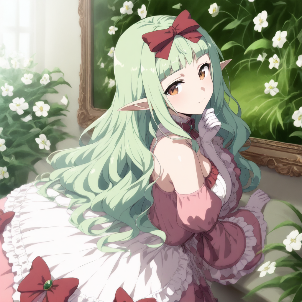 masterpiece,high score,great score,absurdres,solo,looking at viewer,dress,<lora:Flora ag4o v1:1> flora, green hair, long hair, pointy ears, brown eyes,