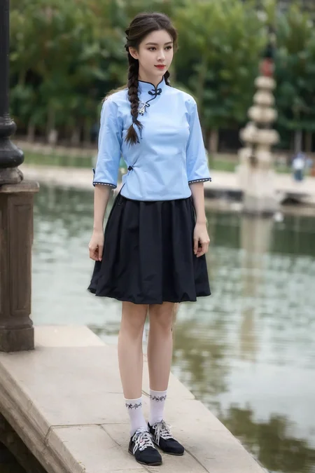 54female, a girl standing, blue shirt, black skirt, twin braids,white socks,best quality, masterpiece, highres,(RAW photo:1.2), (photorealistic:1.4),(masterpiece:1.4),(best quality:1.4),ultra high res,HDR,8k resolution,original,finely detail,full body,