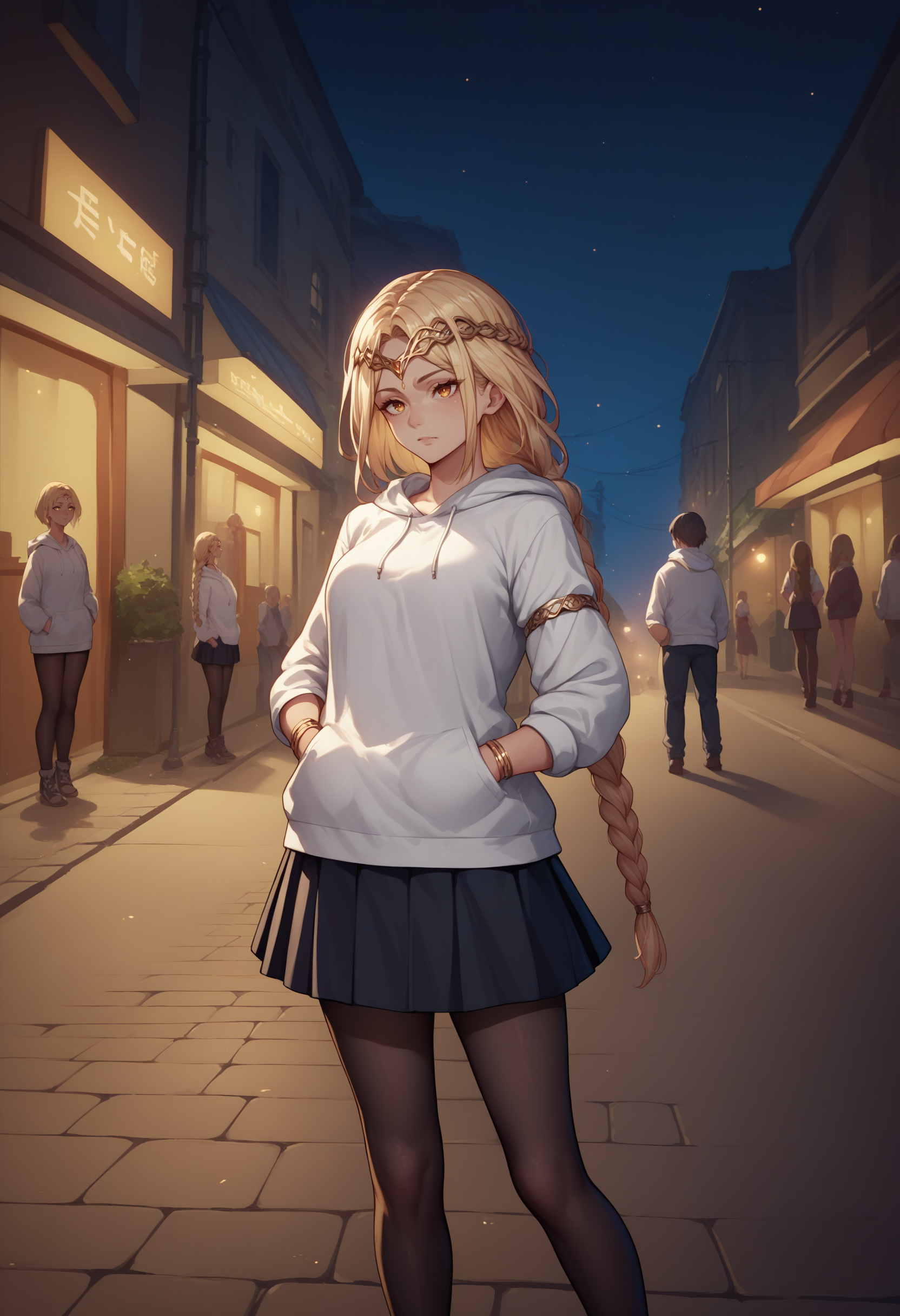 score_9, score_8_up, score_7_up, source_anime, 1girl, QueenMarika, single braid, armlet, jewelry, forehead jewel, <lora:QueenMarika_XLPD:0.9>, white hoodie, skirt, black pantyhose, night, outdoors, street, hands in pockets,