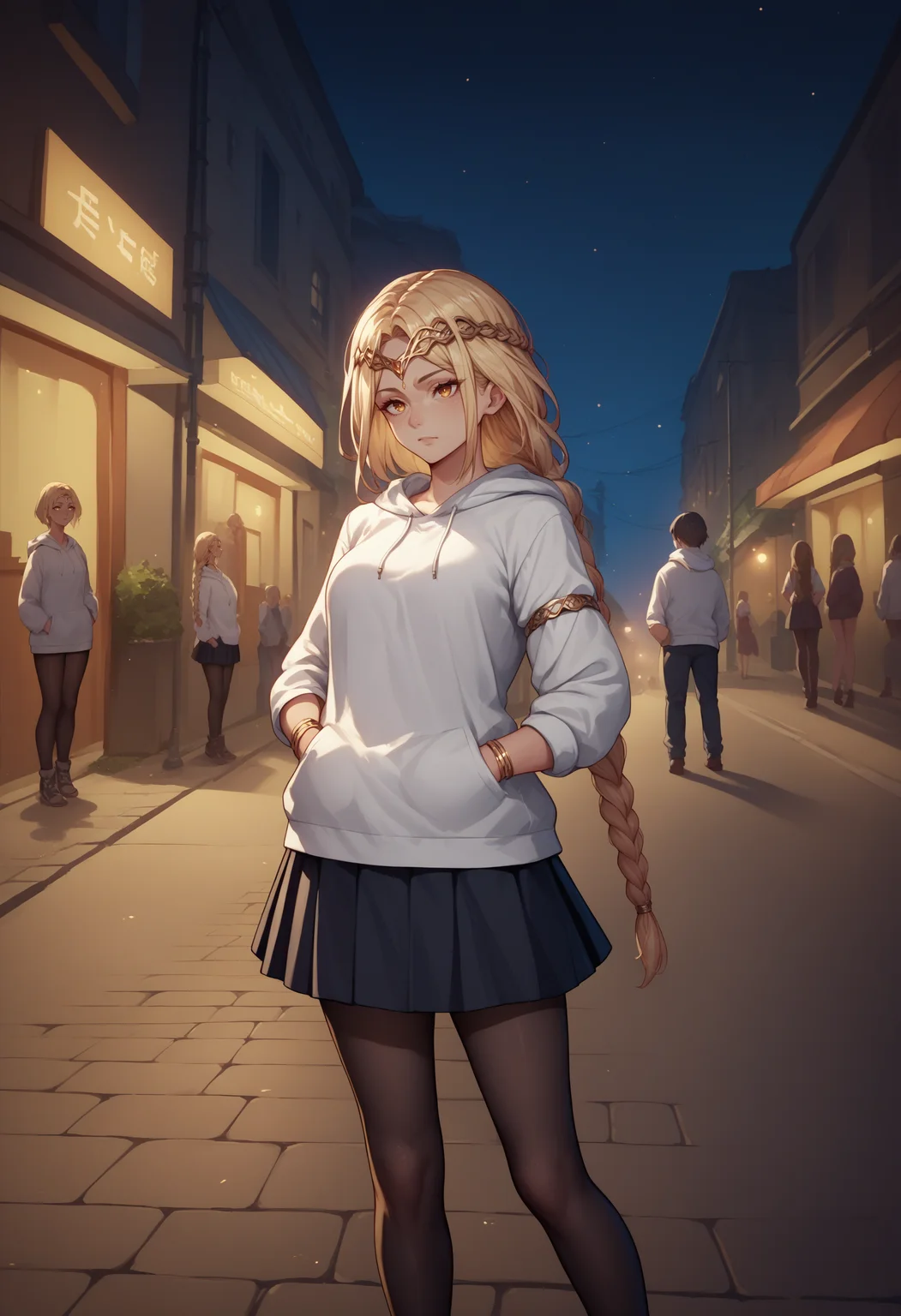 score_9, score_8_up, score_7_up, source_anime, 1girl, QueenMarika, single braid, armlet, jewelry, forehead jewel, <lora:QueenMarika_XLPD:0.9>, white hoodie, skirt, black pantyhose, night, outdoors, street, hands in pockets,