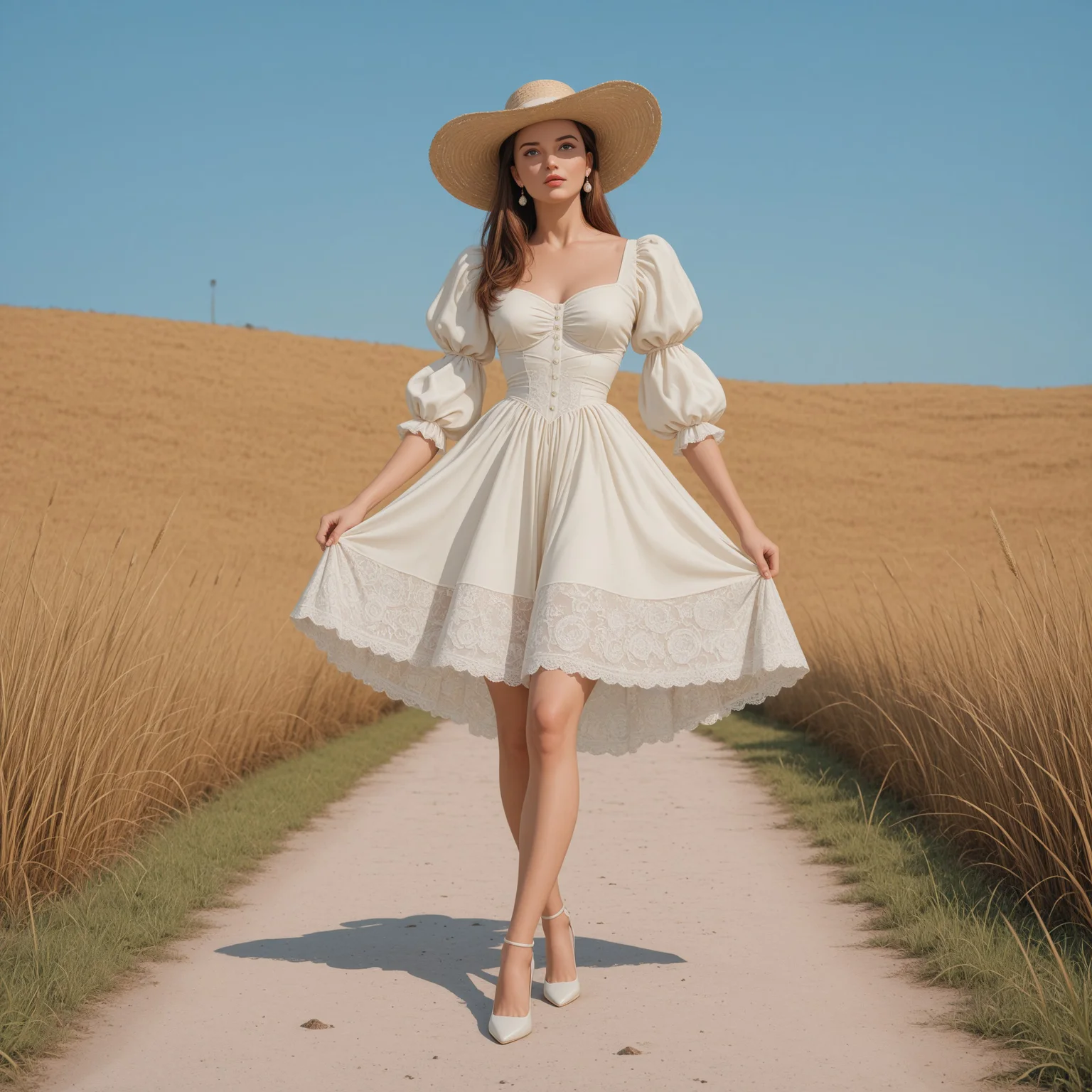 A glamorous woman in a white, vintage-inspired summer dress walks a sunlit coastal path. Her dress features puffed sleeves and sheer lace detailing, tied up on one side to reveal one long, elegant leg. She wears a wide-brim straw hat, earrings, and white heels. The background features golden beach grass, a vivid blue sky, and distant shoreline. Art style: hyper-realistic, 1950s pin-up meets romantic Americana, with painterly light and high polish. <retro comic book artstyle> <rogue retro artstyle>