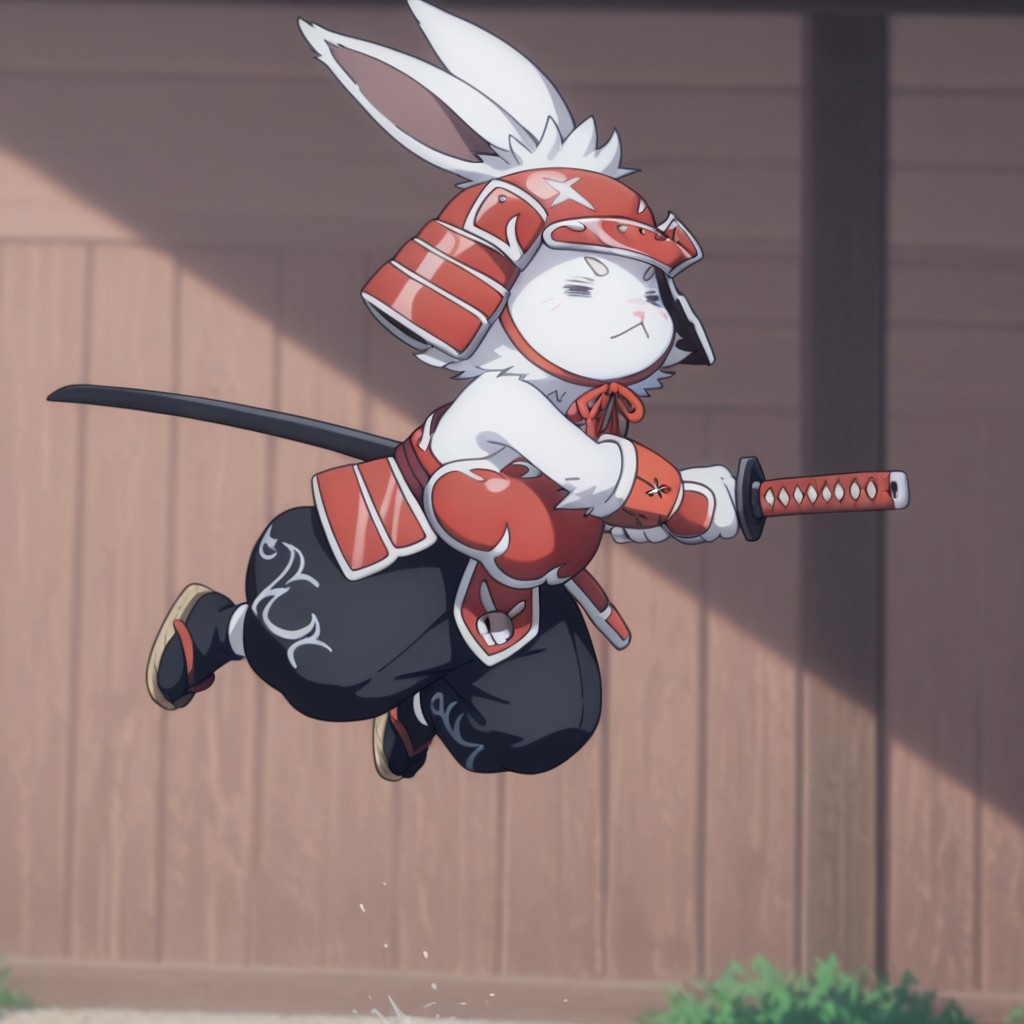 masterpiece, best quality, amazing quality, CeecrueslfIL, semi-anthro, male, rabbit, white fur, = =, red Samurai armor, red Samurai helmet, baggy black pants, white trim, black socks, tan sandals, solo, outside, holding katana, jumping, swinging katana