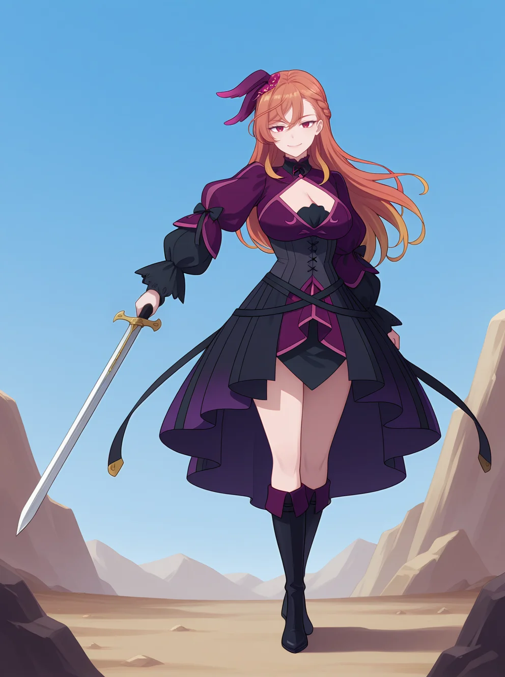 <lora:Flote Mascarail_illustrious-000038:1>,
Flote Mascarail, solo, weapon, sword, holding, holding sword, holding weapon, boots, cleavage, dress, black footwear, sky, clothing cutout, cleavage cutout, looking at viewer, puffy sleeves, long sleeves, blue sky, outdoors, standing, braid, full body, smile