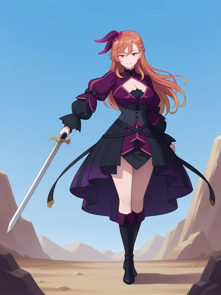 <lora:Flote Mascarail_illustrious-000038:1>,
Flote Mascarail, solo, weapon, sword, holding, holding sword, holding weapon, boots, cleavage, dress, black footwear, sky, clothing cutout, cleavage cutout, looking at viewer, puffy sleeves, long sleeves, blue sky, outdoors, standing, braid, full body, smile