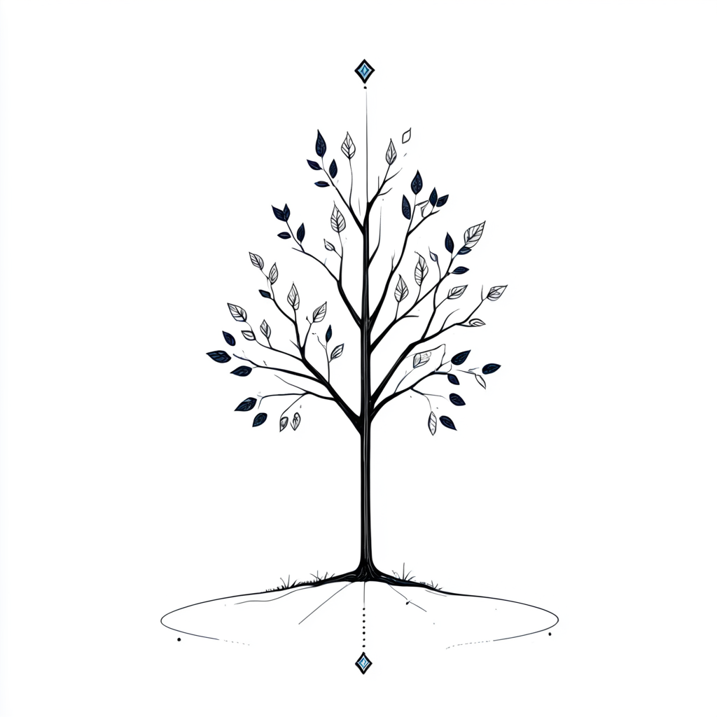 <lora:Minimalist_Line_Art:1>, ArsMJStyle, Minimalist Line Art,  Spot Colors, minimalist line art tree, A drawing of a tree with a diamond on top of it., no humans, white background, tree, simple background, plant, branch, leaf, monochrome